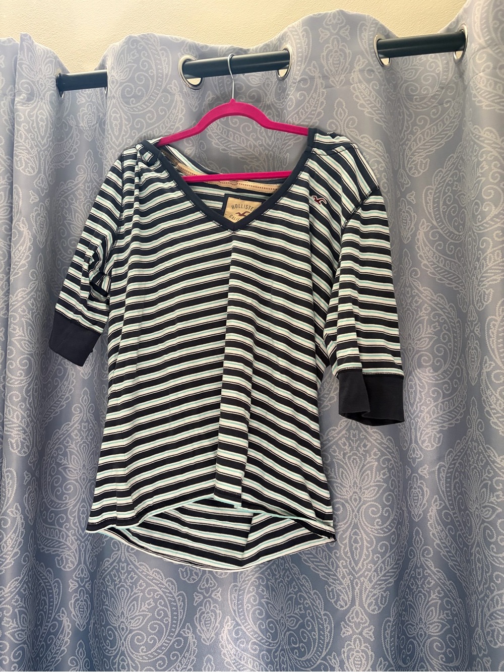 Hollister Women's Blue & White Striped V-Neck Top with hood
